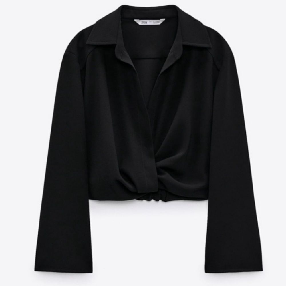 Zara Black Cropped Collared Shirt Top Faux Twist Front Long Sleeve Size S